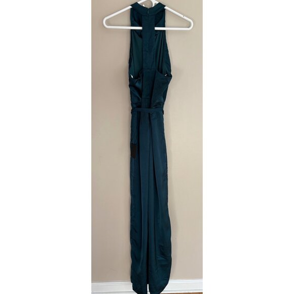 Lulus Luxe Vision Satin Halter Wide-Leg Jumpsuit Dark Teal Women’s Medium NWT - Picture 5 of 12